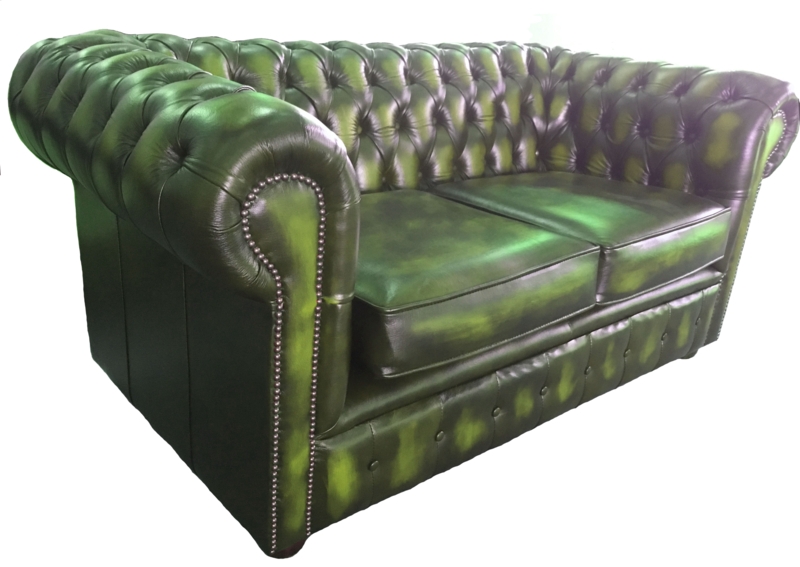 Antique Green Leather Chesterfield Two-Seater Sofa