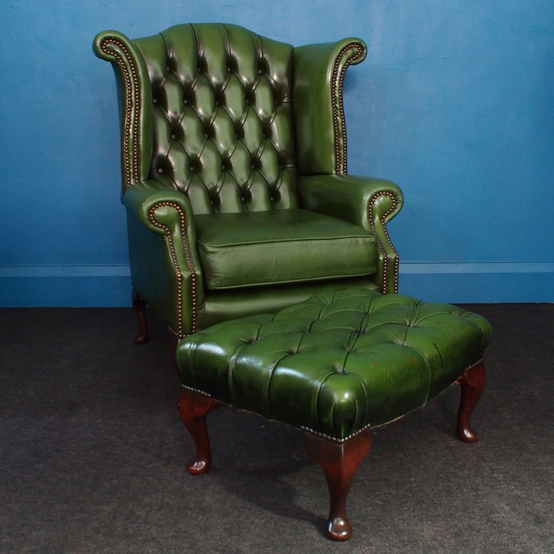 Antique Green Leather Wingback Chesterfield Chair and Footstool