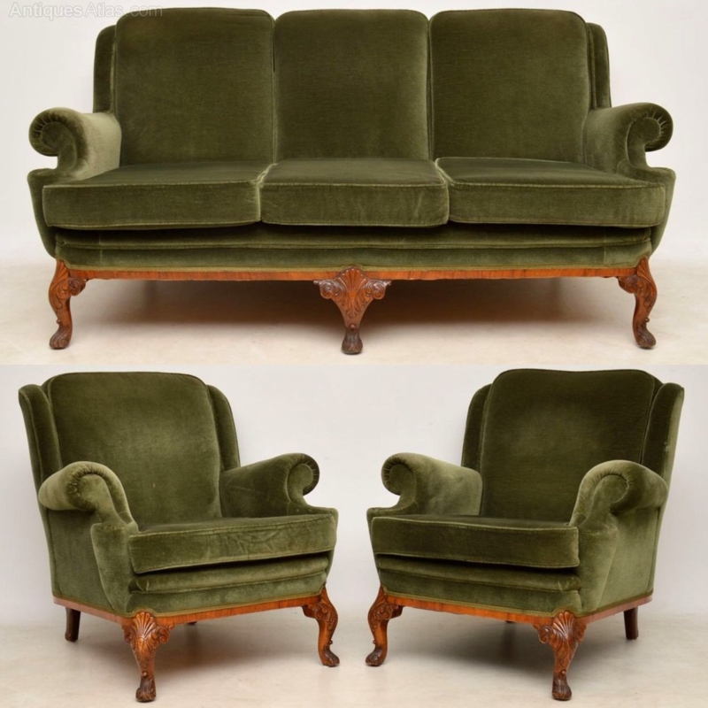 Antique Queen Anne Walnut Sofa and Armchairs Set