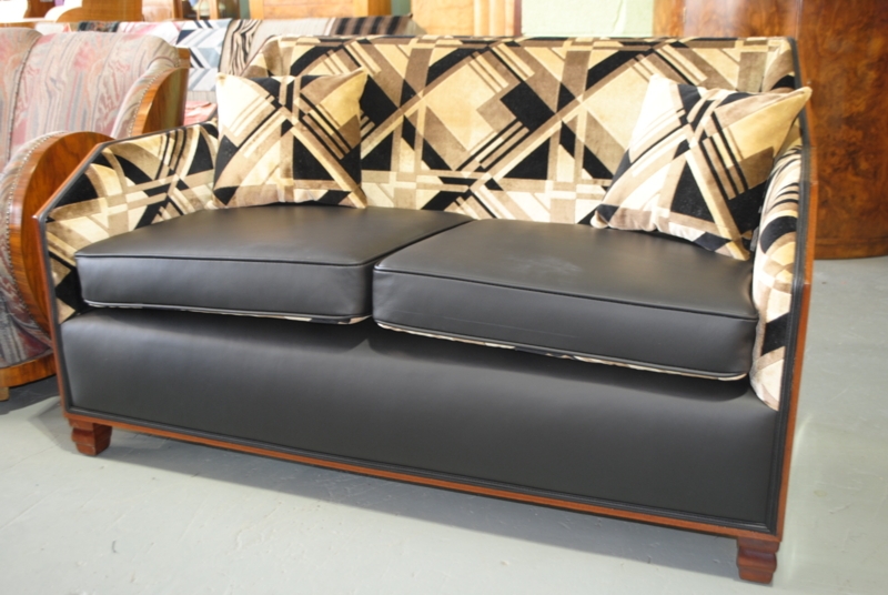 Art Deco Black Leather and Geometric Sofa