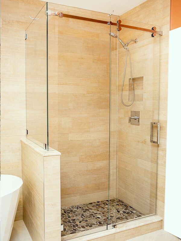 Barn Door Style Sliding Glass Shower Door with halfwall build up