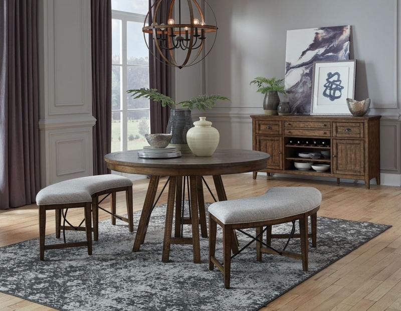 Bay Creek Round Wooden Dining Table with Curved Benches