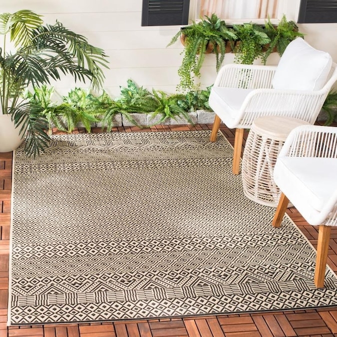 Beige and Black Geometric Indoor Outdoor Rug