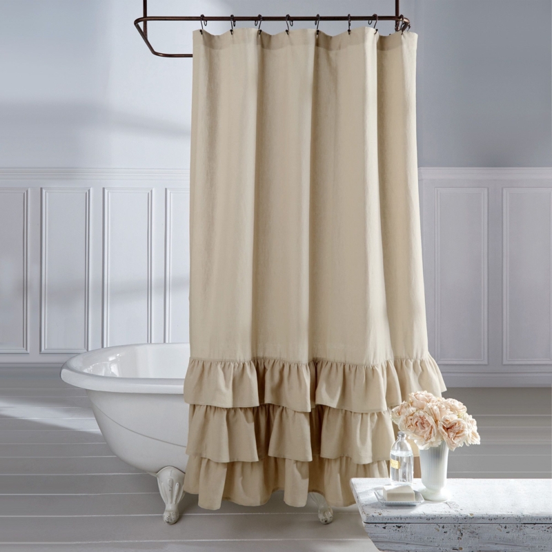 Beige Linen Ruffle Shower Curtain with Vintage Charm