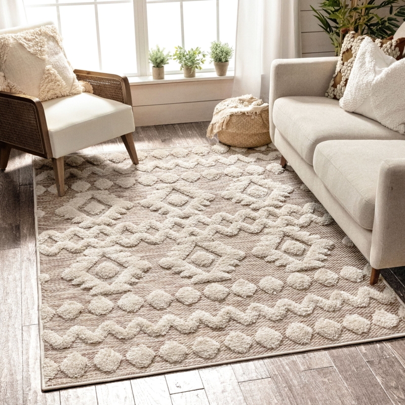 Beige Moroccan Tribal Patterned Area Rug