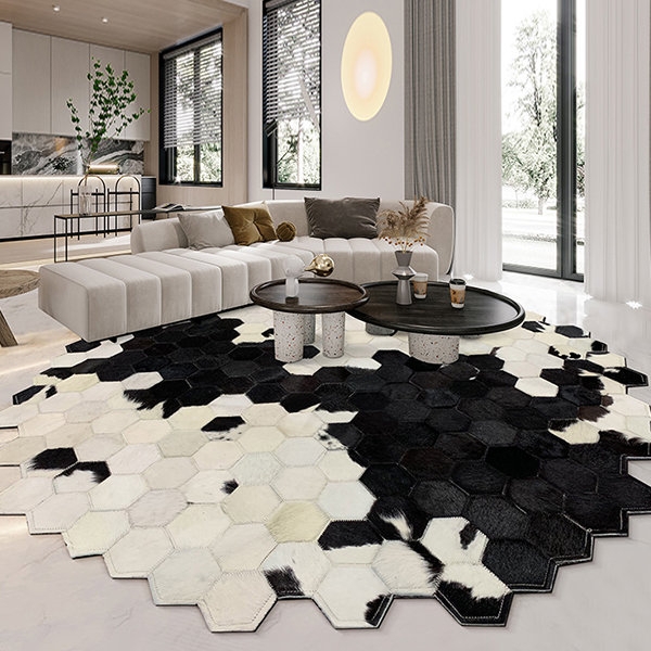 Black and White Hexagonal Patchwork Cowhide Rug
