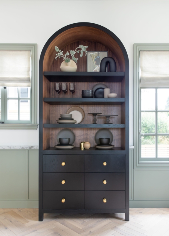 Black and Wood Arch Bar Cabinet with Shelves