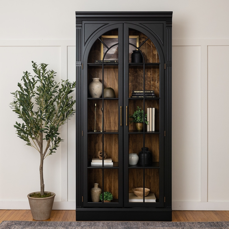 Black Arched Curio Cabinet with Wood Backdrop