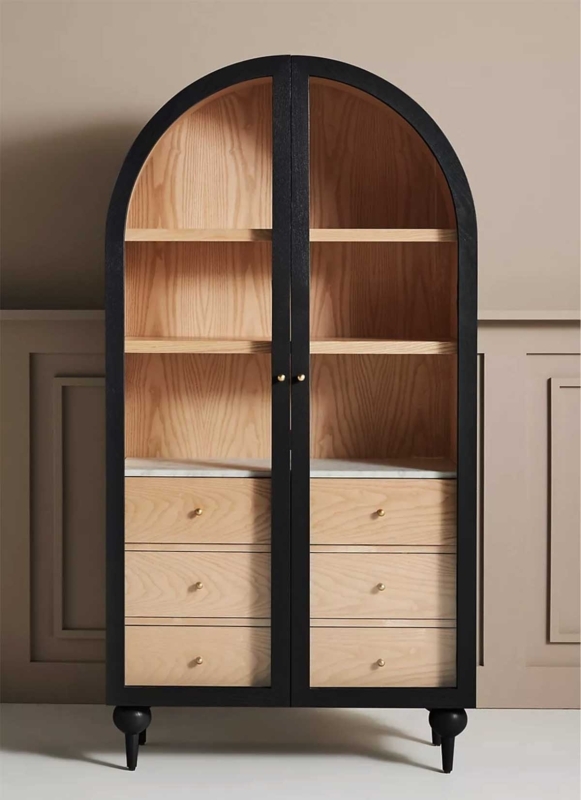 Black Frame Arched Wood Display Cabinet with Drawers