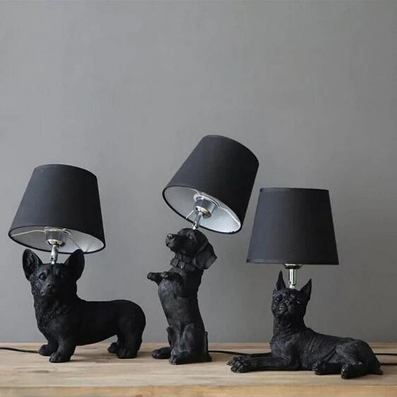 Black Resin Dog Table Lamps with Black Shades
