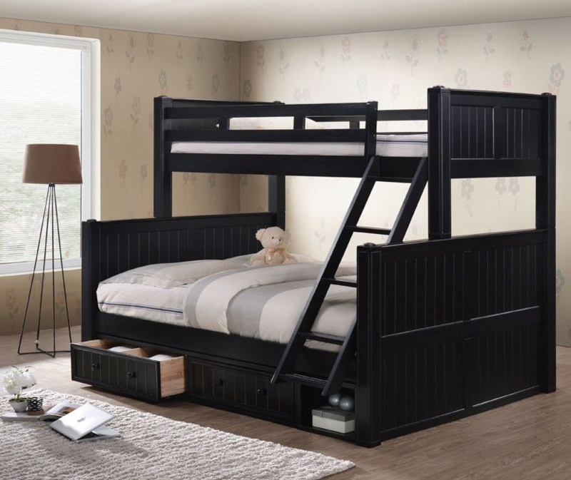 Black Wooden Queen Bunk Bed with Storage Drawers