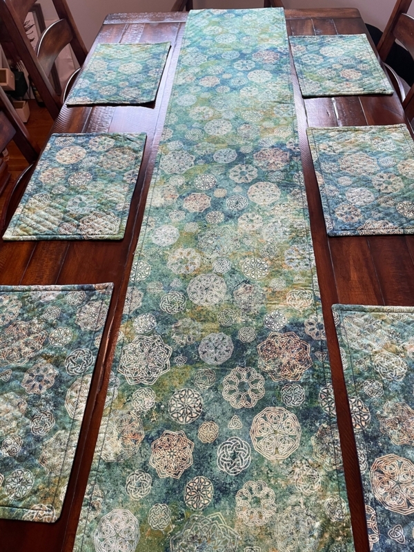 Blue and Green Patterned Table Runner with Placemats