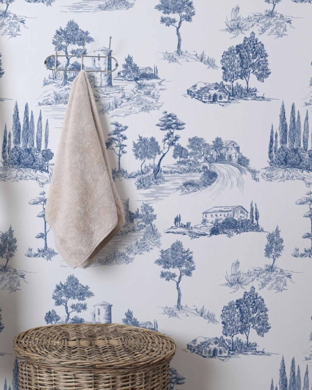 Blue and White Scenic Toile Wallpaper Design