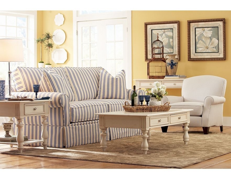 Blue and White Striped Sofa in Yellow Living Room