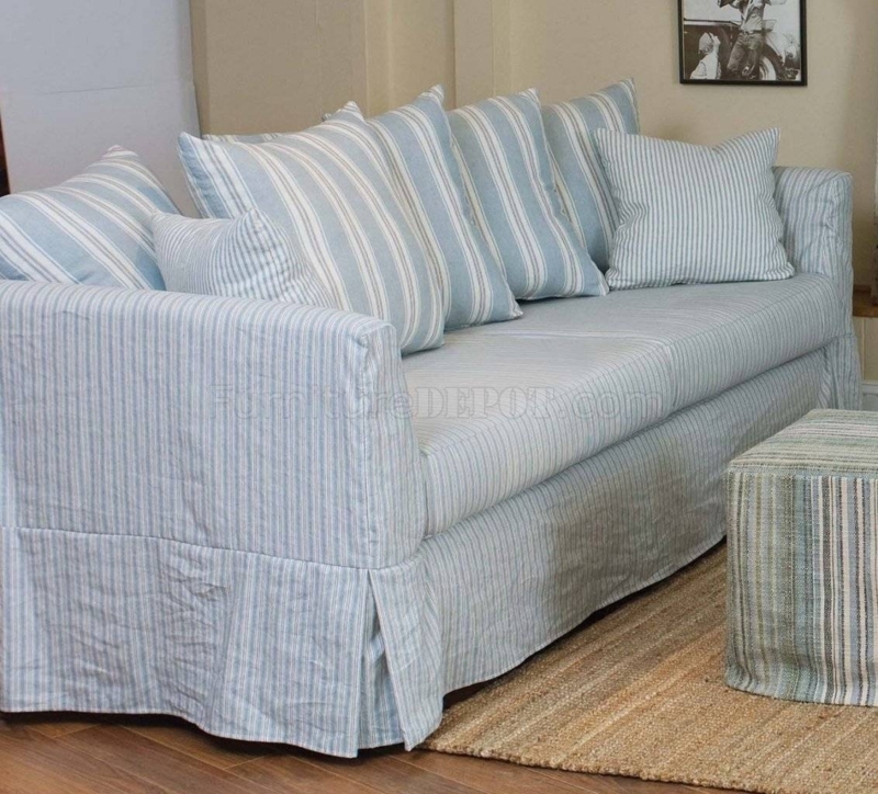 Blue and White Striped Sofa with Matching Cushions