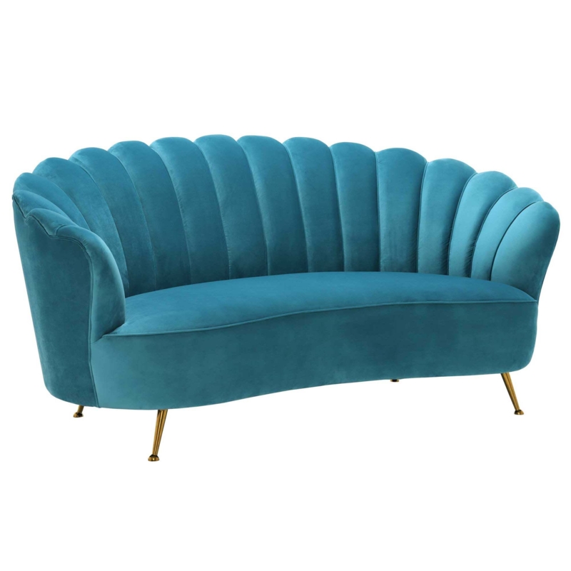 Blue Fairmont Scalloped Art Deco Velvet Sofa