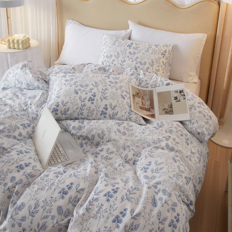 Blue Floral Comforter Set with White Botanical Design