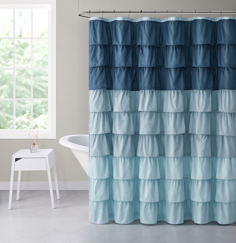 Blue Ombre Ruffled Fabric Shower Curtain Design