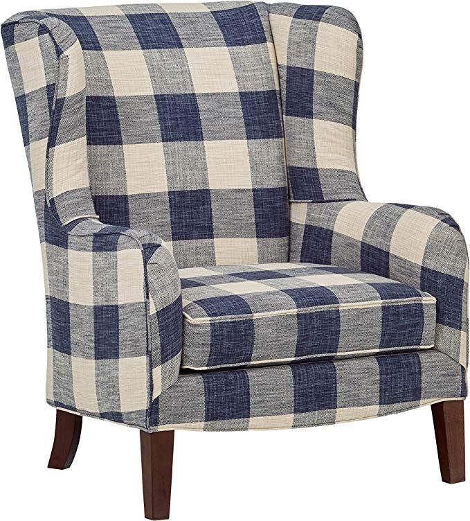 Blue Plaid Wingback Accent Chair for Living Room