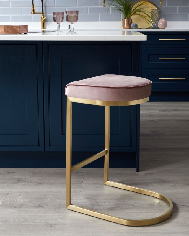 Blush Pink Velvet Bar Stool with Gold Frame