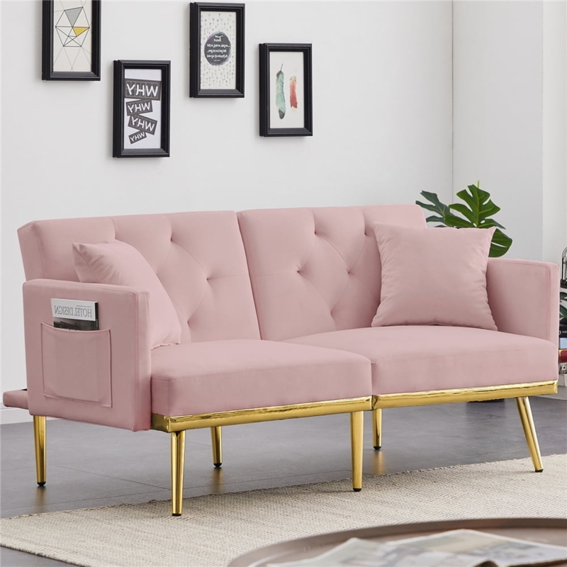 Blush Pink Velvet Sofa with Gold Metal Legs