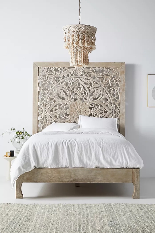 Bohemian Carved Wooden Bed Frame with Macrame Light