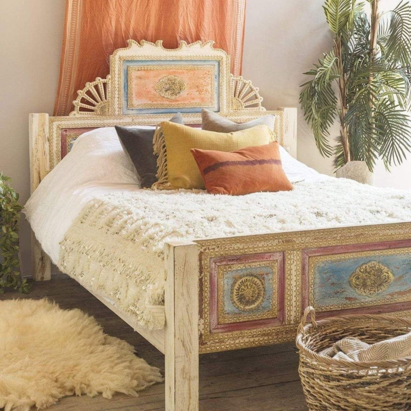 Bohemian Vintage Carved Wooden Bed with Colorful Details