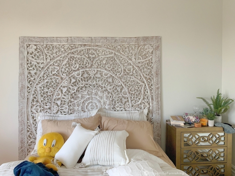 Boho King Size Bed Frame with Intricate Carved Headboard