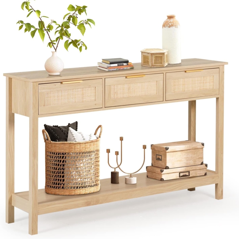 Boho Rattan Console Table with Storage Drawers