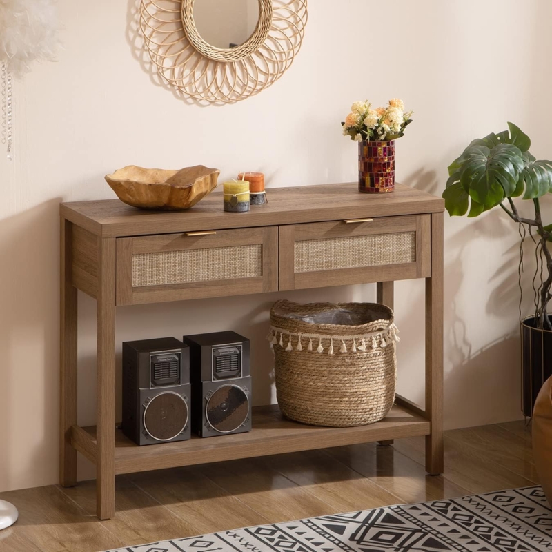 Boho Style Console Table with Rattan Drawers