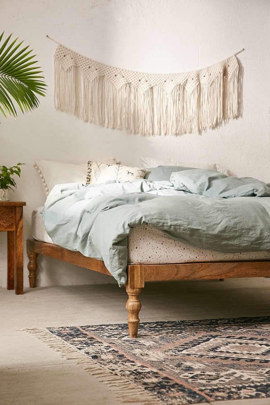 Boho Wooden Queen Bed Frame with Macrame Wall Hanging