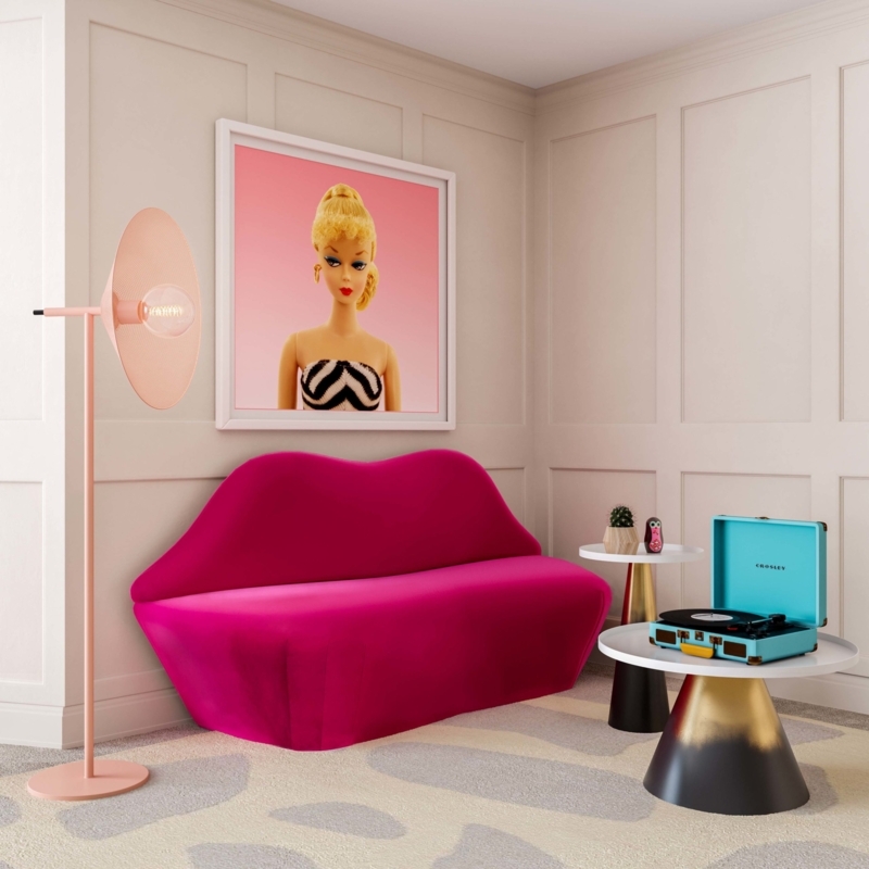 Bold Fuchsia Velvet Lips Sofa in Chic Living Room
