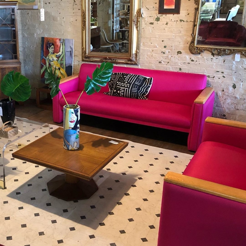 Bold Hot Pink Sofa Set in Eclectic Living Room