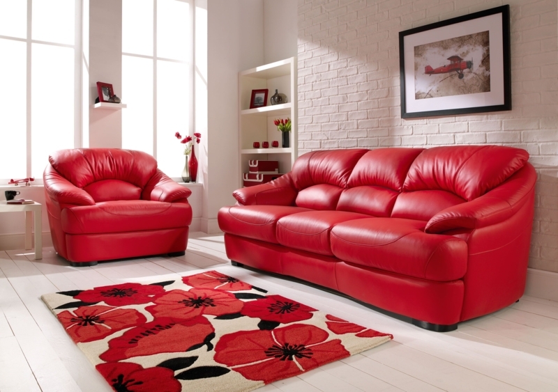 Bold Red Leather Sectional Sofa and Chair Set