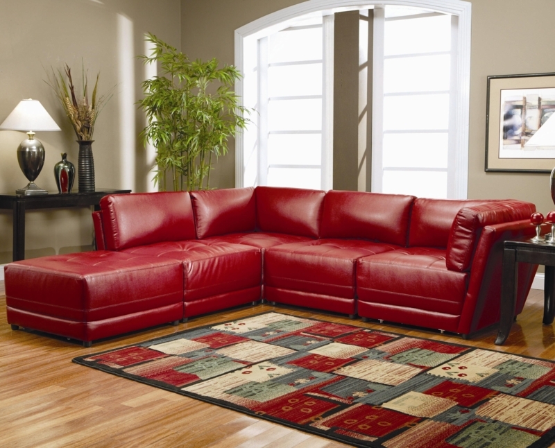 Bold Red Leather Sectional Sofa in Modern Living Room
