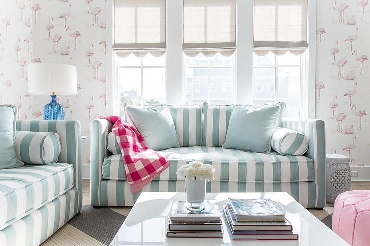 Bright Living Room with Blue and White Striped Sofas