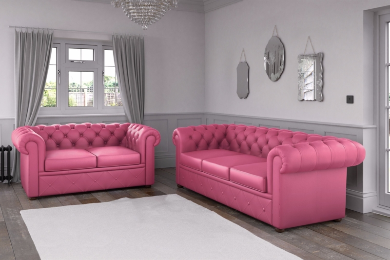 Bright Pink Chesterfield Leather Sofa Set