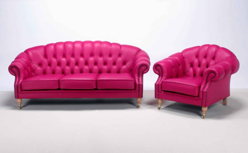 Bright Pink Leather Chesterfield Sofa and Armchair Set
