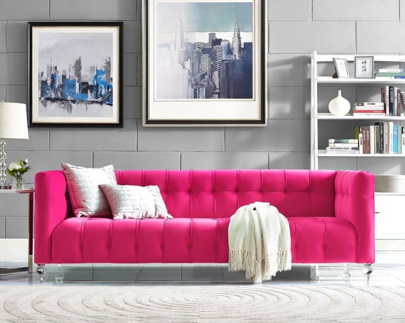 Bright Pink Velvet Sofa in Modern Living Room