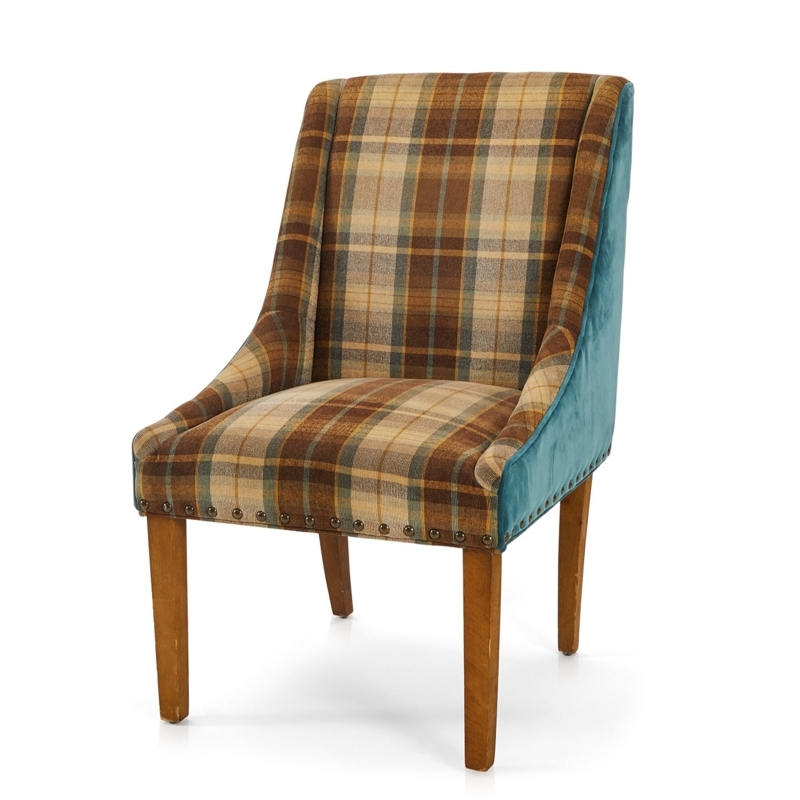 Brown and Blue Plaid Upholstered Dining Chair