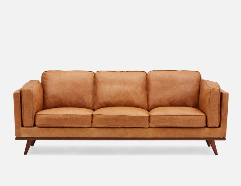 Caramel Leather Mid-Century Modern Three-Seater Sofa