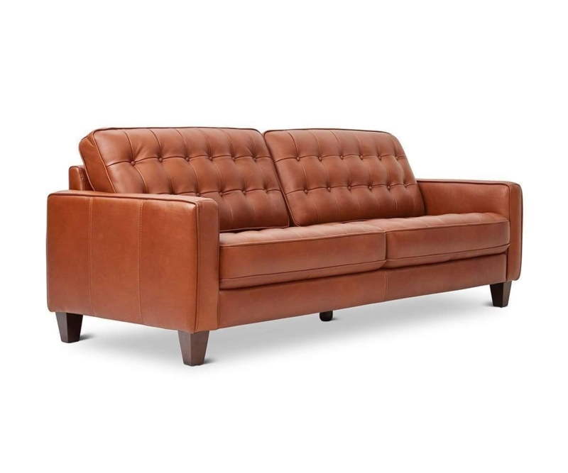 Caramel Leather Reclining Sofa with Tufted Back