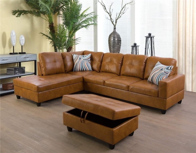 Caramel Leather Sectional Sofa with Storage Ottoman