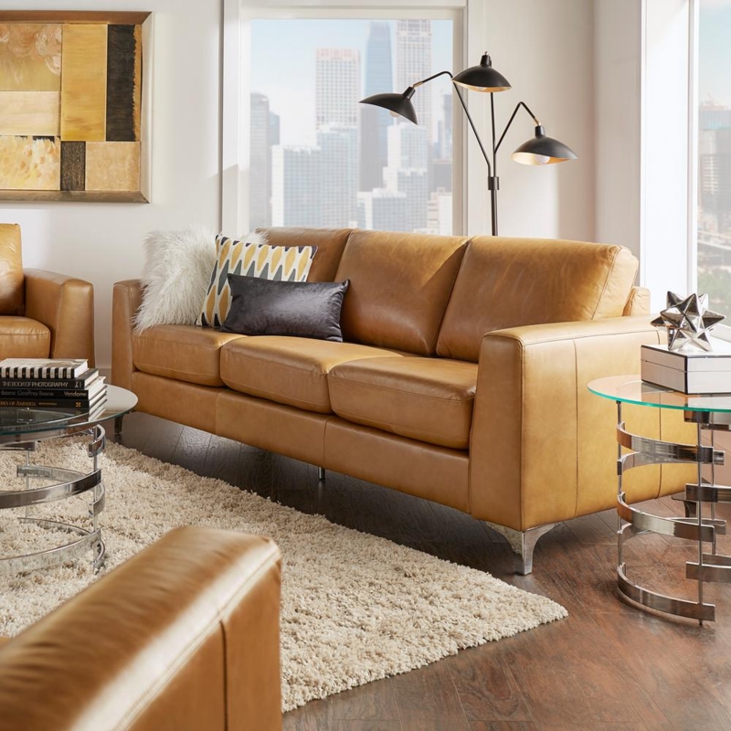 Caramel Leather Sofa in Stylish Modern Living Room