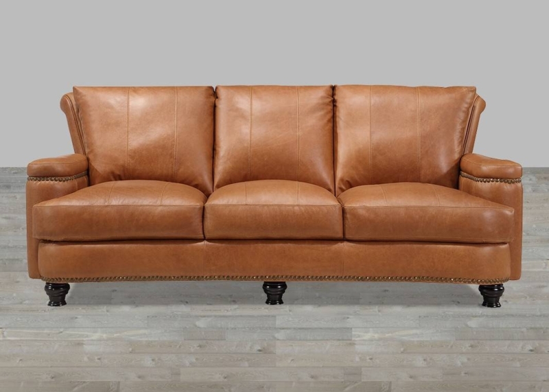 Caramel Leather Sofa with Classic Nailhead Trim