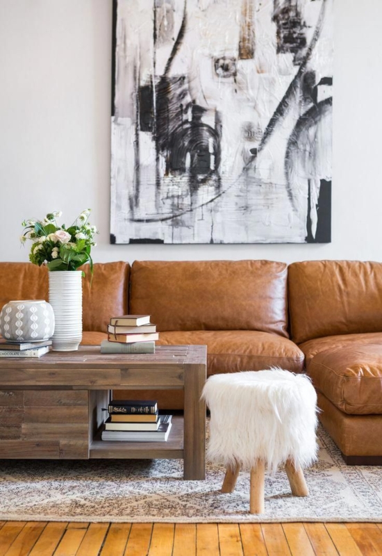 Caramel Leather Sofa with Modern Cozy Living Room
