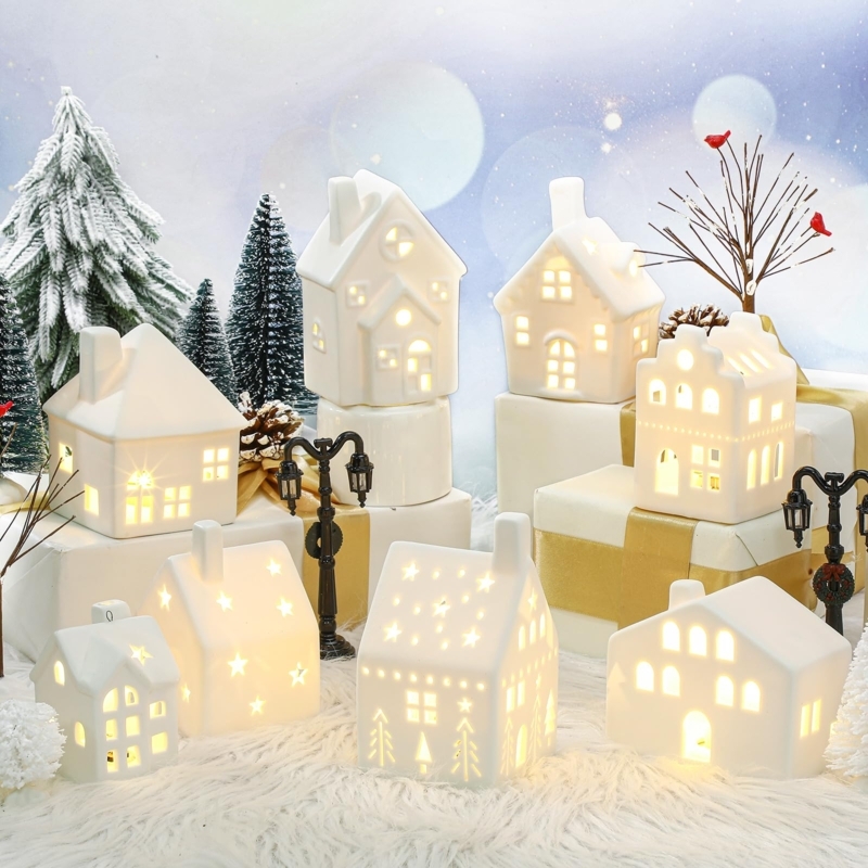 Ceramic Christmas Village LED Light Decoration Set