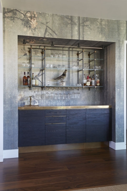 Charred Pine and Brass Bar with Hanging Collector's Shelving Unit ...