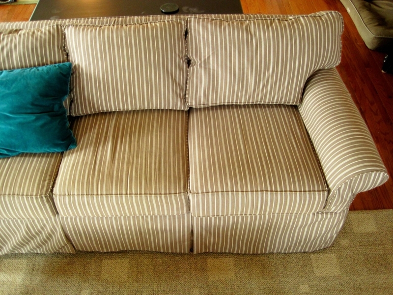 Classic Beige Striped Sofa with Accent Pillow
