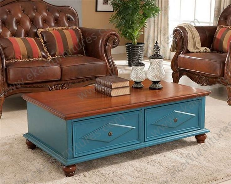 Classic Blue Coffee Table with Wooden Top